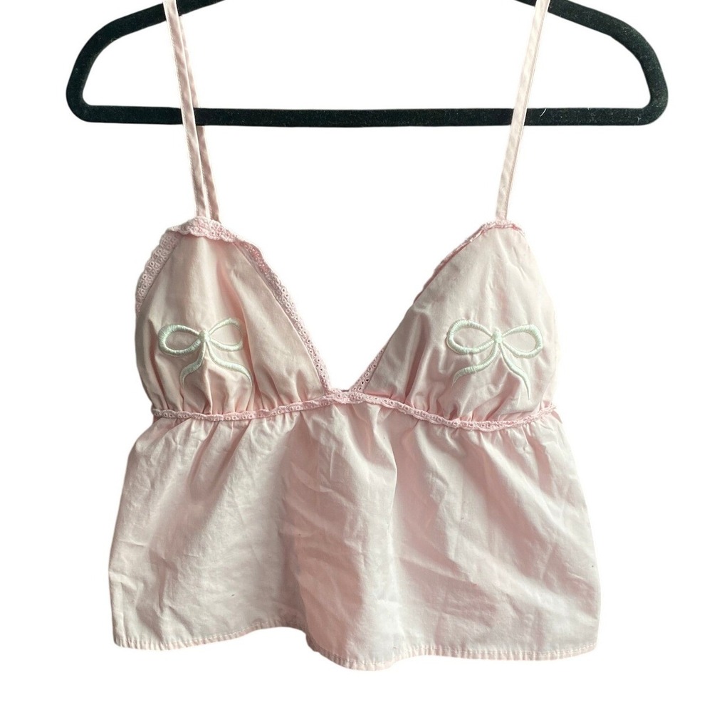 Embroidered Bow Babydoll Pink Cami Top Y2K Flirty Cherry Girl Festival Coquette
